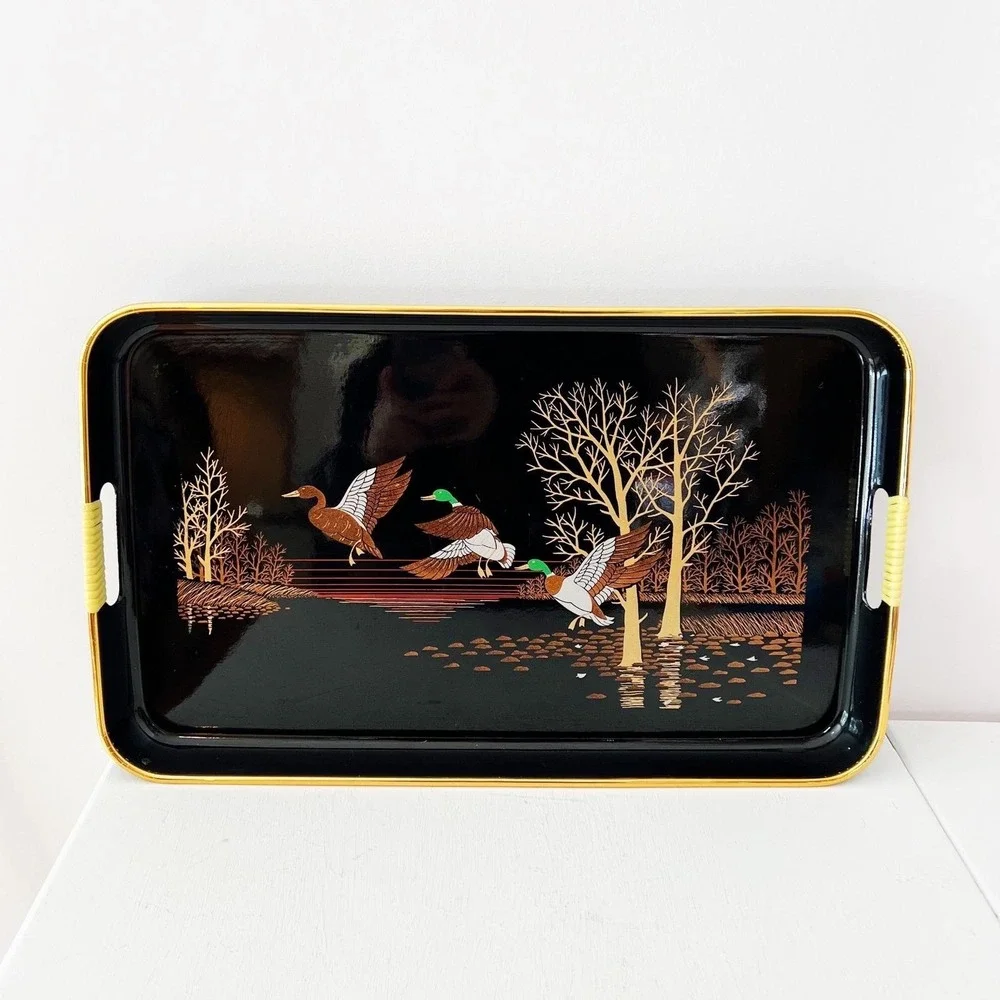 Japan Lacquerware Serving Tray Black Gold Mallard Ducks Nature Scene Shaddy